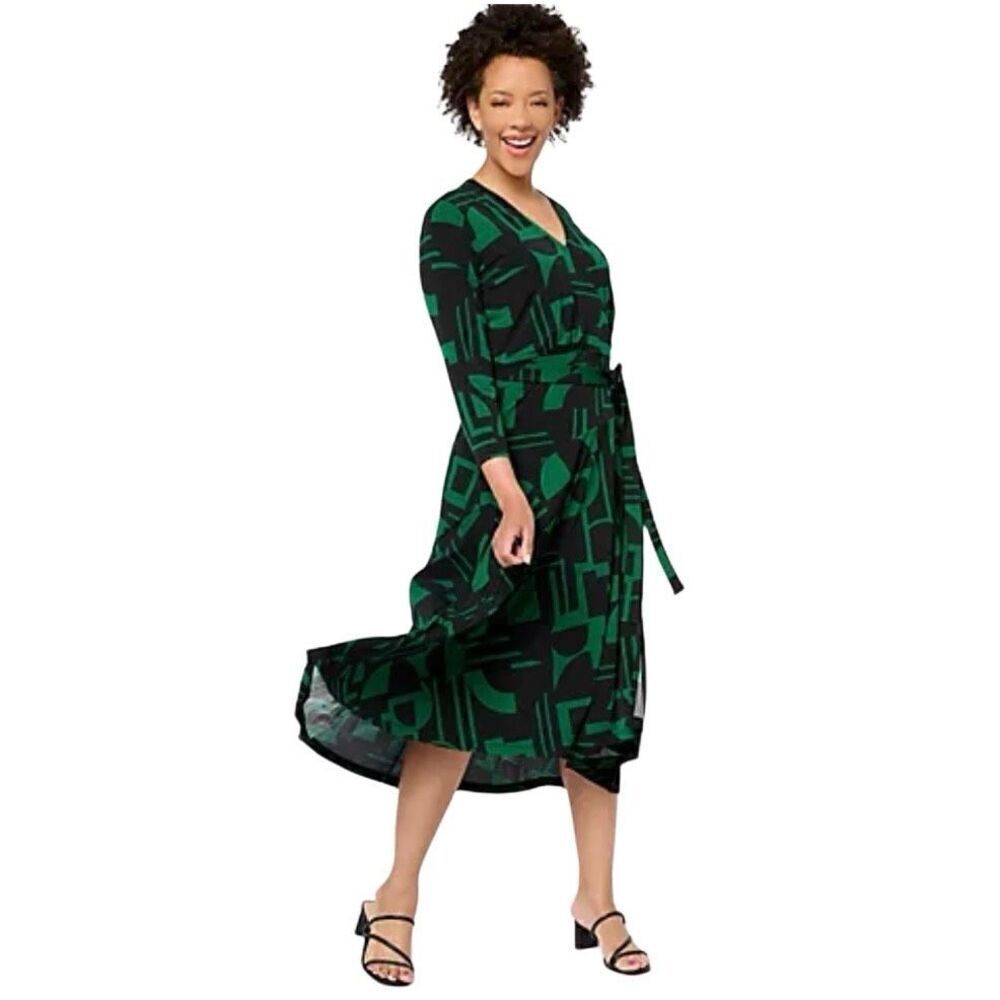 Susan Graver Green Black Geometric Print Knit 3/4 Sleeve Wrap Belted Dress Small